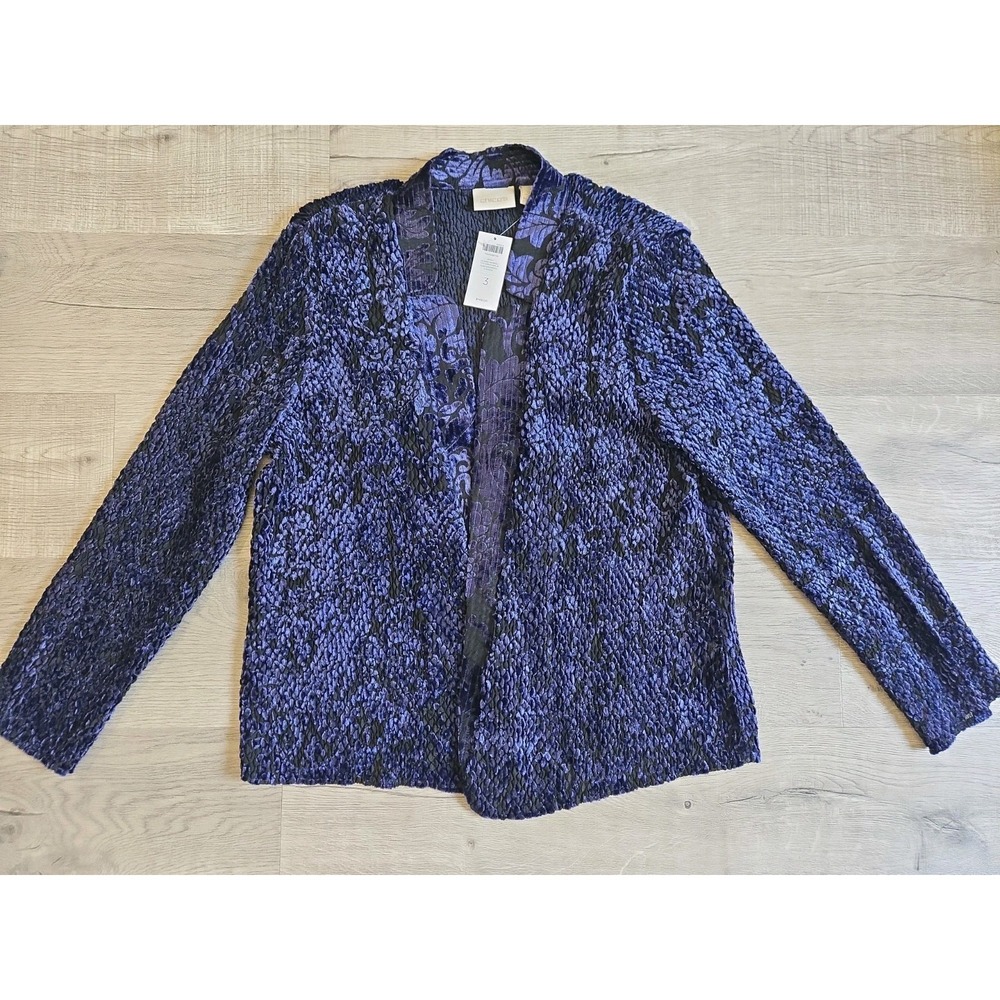 NWT CHICO'S Women Purple Plumage Burnout Semi-Sheer Open Front Jacket Size 3